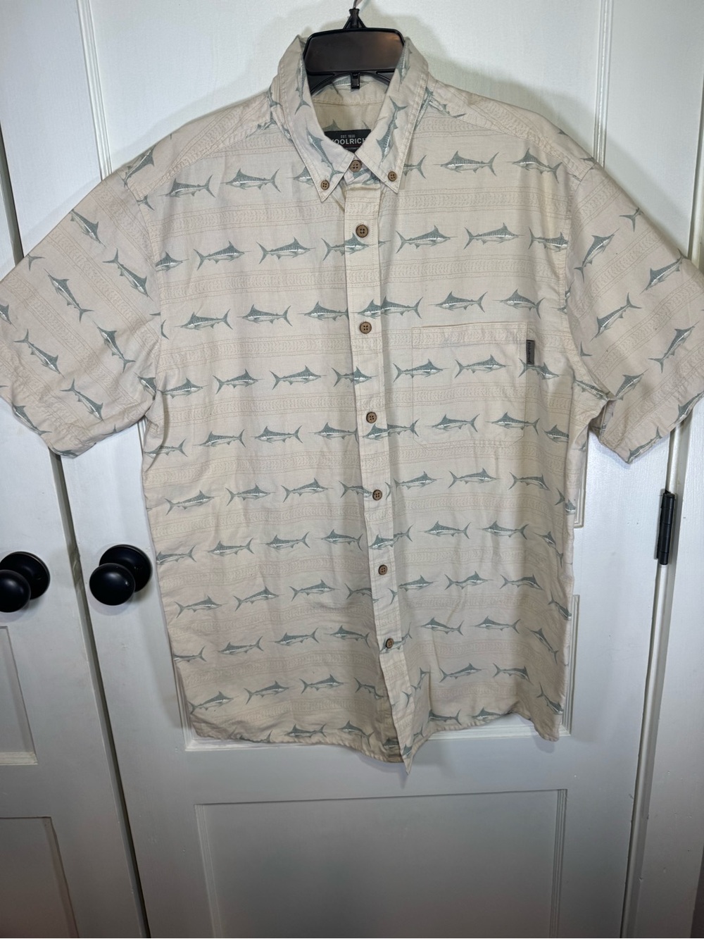Woolrich Men’s Short-Sleeve Button-Down Shirt in Ecru with Fish Print
